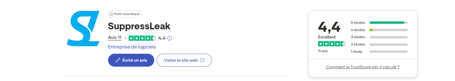 Note Trustpilot SuppressLeak : 4,4 sur 5 (Excellent) sur 11 avis v&eacute;rifi&eacute;s. Profil revendiqu&eacute;.